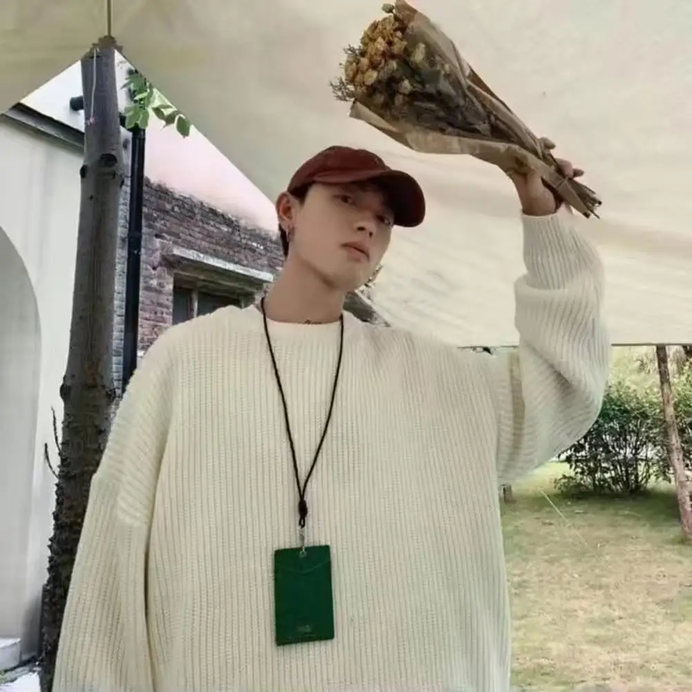 

Solid Color Round Neck Sweater Vintage Knitted Sweater Men's Loose Solid Color Pullover for Fall/winter Elastic Mid Length Plus