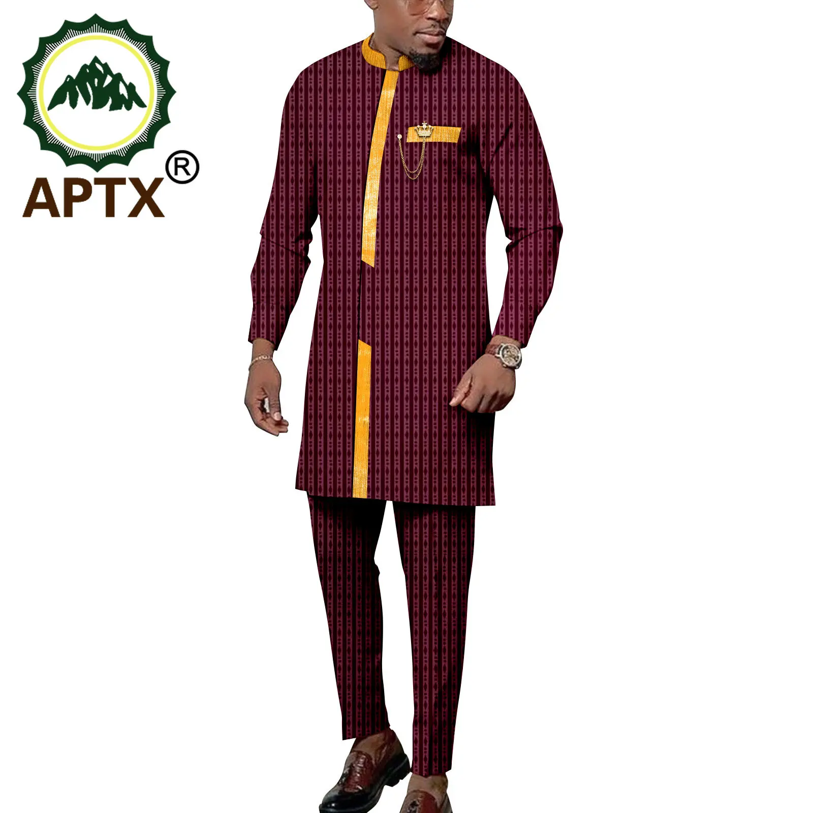 APTX African Clothing 2 Pieces Men Set Long Top + Full Length Pants Wedding Grooms Suit Senator Wear TA2316009