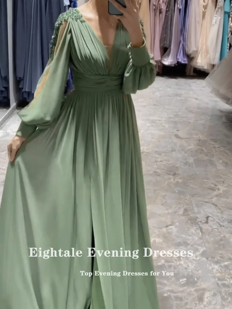 Eightale Grass Green Prom Dresses V-Neck Long Puffy Sleeves Beaded Chiffon Evening Gown for Wedding Arabic Celebrity Party