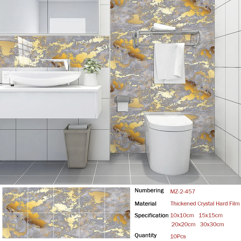 10pcs American Style Golden Marble Pattern Tiles Sticker Kitchen Backsplash Oil-proof Cupboard Waterproof Art Wall Decals