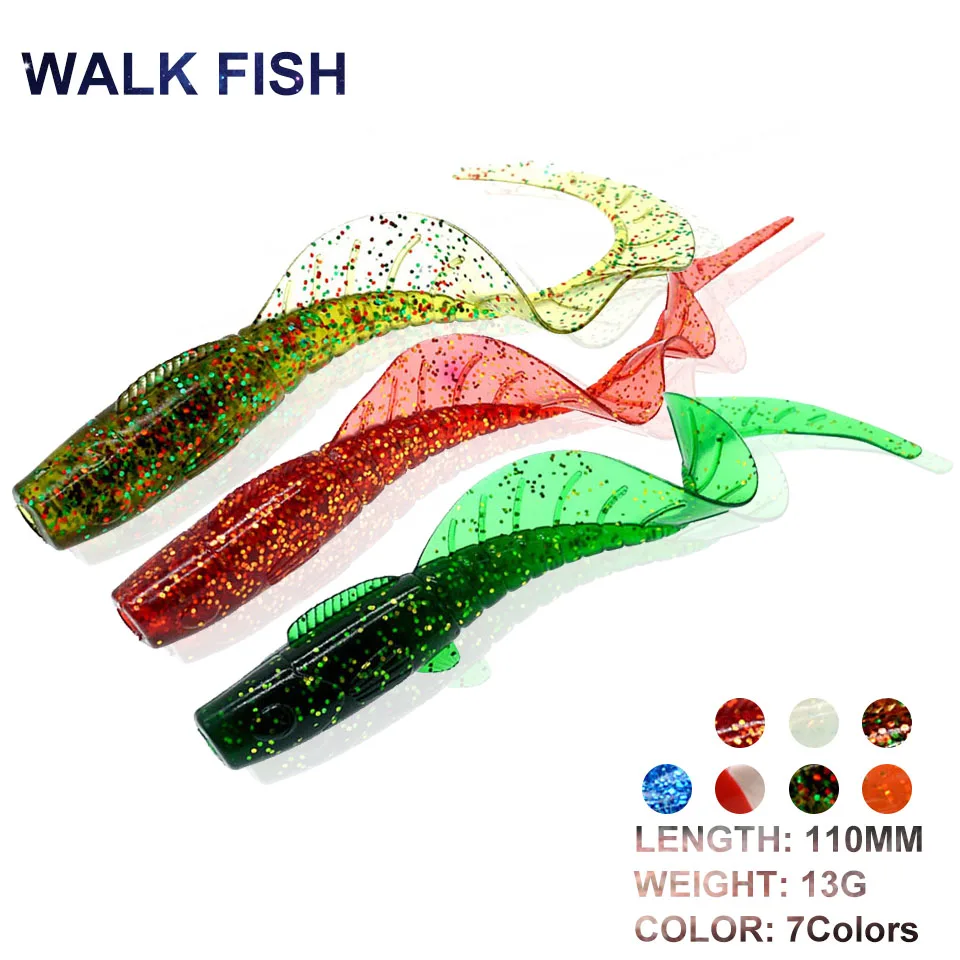 

WALK FISH 3 шт./партия, Мягкая приманка 110 мм/13 г, приманка в виде червя, личинки, силиконовые блестки, резиновая пресноводная плавающая приманка, рыба, окунь, карп, рыболовная снасть