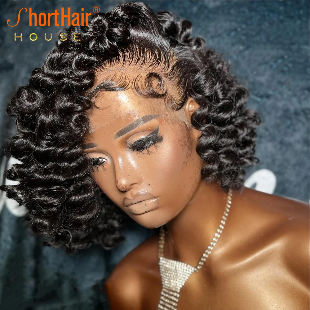 Short Bob Curly Wave Human Hair Wigs With Baby Hair Loose Wave Wigs Brazilian 13x6 Lace Frontal Deep Side Part Bouncy