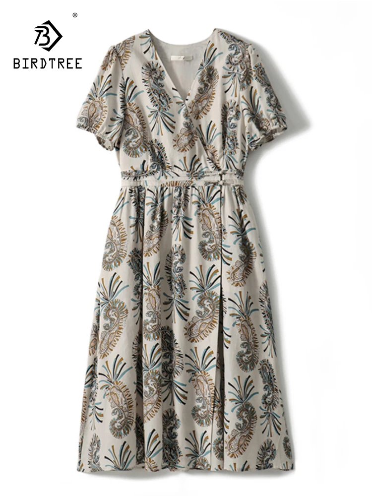 

Birdtree 30%Mulberry Silk 70% Cotton Printed V-Neck Waistband Dress OL Commuting Short Sleeve Office Lady Elegant Dress D30807QC