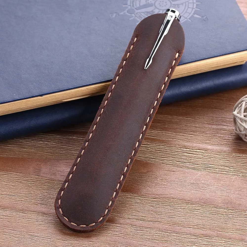 Retro Handmade Genuine Leather Pencil Bag Cowhide Metal Fountain Pen Holders Case Pouch Business Office Gifts School Stationery