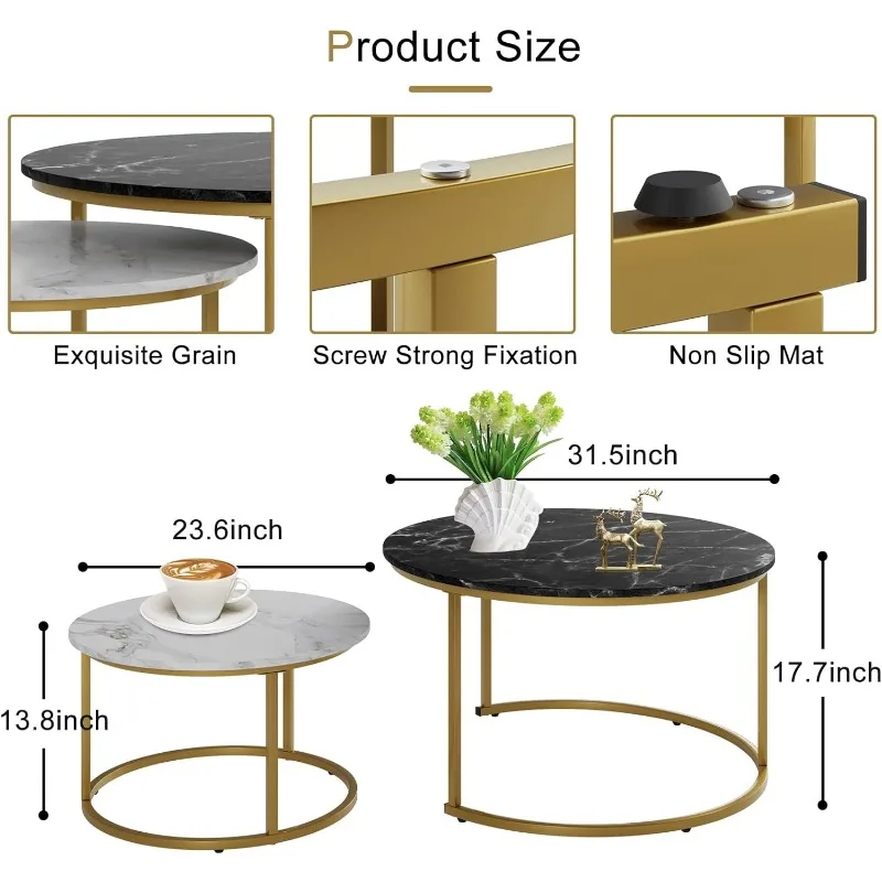 Description Picture 4 of itemMarble Nesting Golden Coffee Table 31.5In Large Set of 2, Steel Frame Circular and Round Wooden Tables 31in