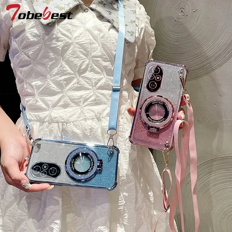 Crossbody Lanyard Glitter Plating Shockproof Phone Case with MagSafe Holder