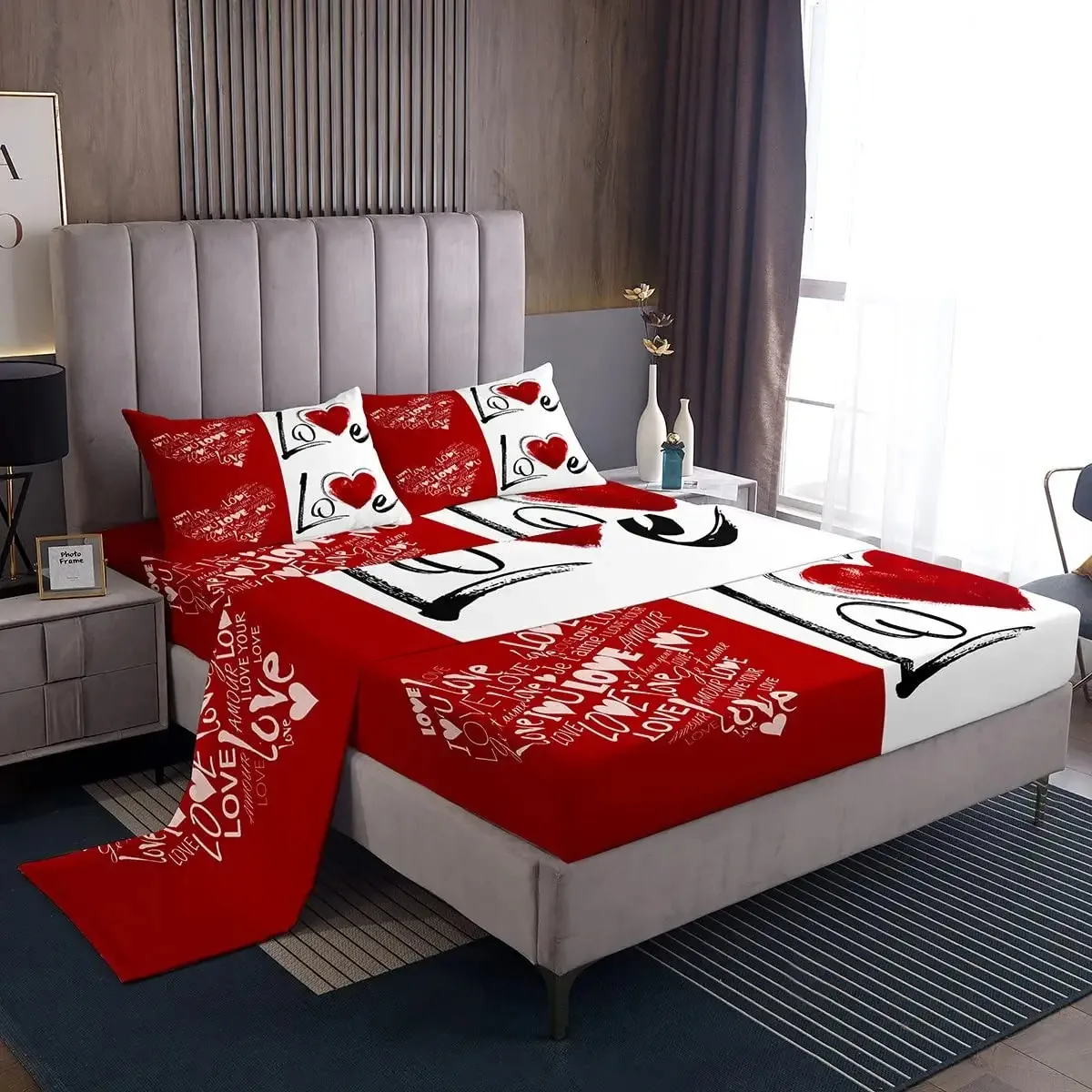 CoupleFittedSheetSetsRedLoveHeartBeddingRomanticLoveBed