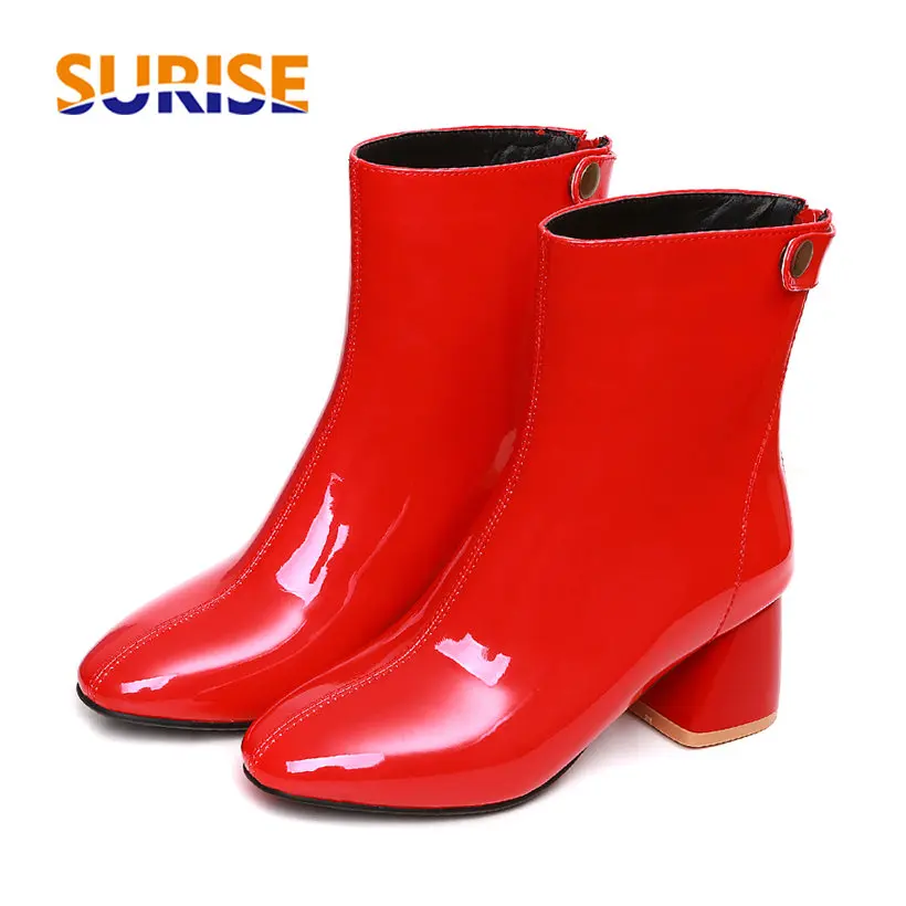 

Winter Patent Leather Women Ankle Boots 6cm Hoof Square High Heel White Casual Office Ladies Round Toe Button Zipper Short Boots