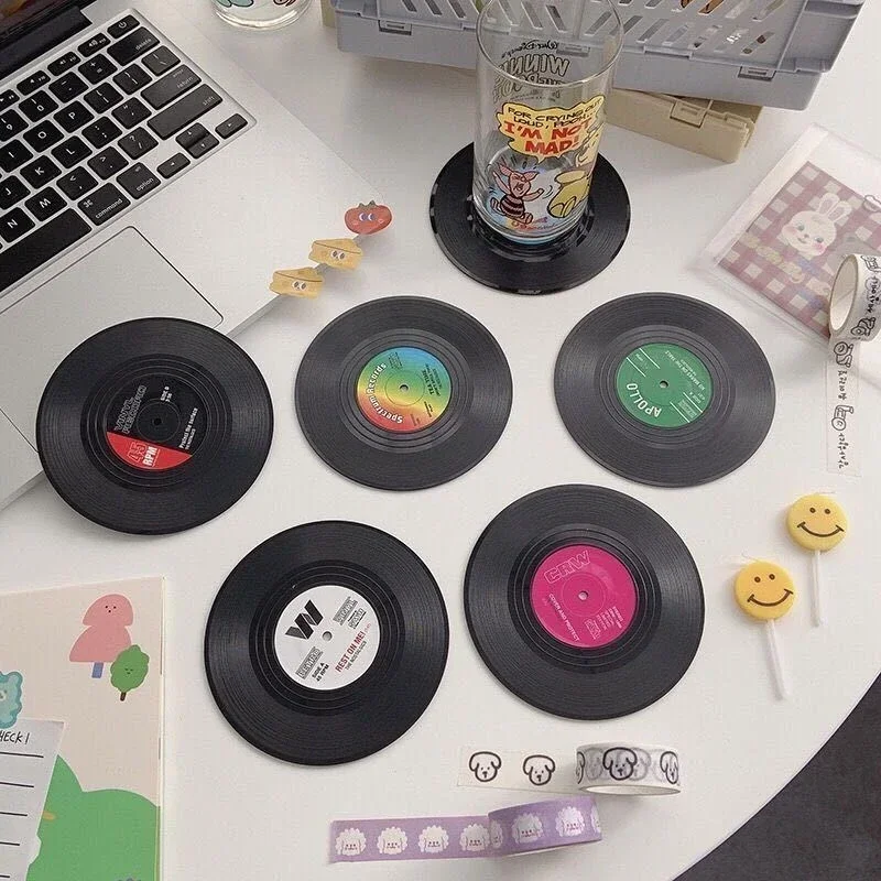 6/12Pcs Colorful Retro Vinyl Record Disk Coasters for Drinks Record Coasters Disk Cup Set Table Decor Anti-slip Coffee Coasters