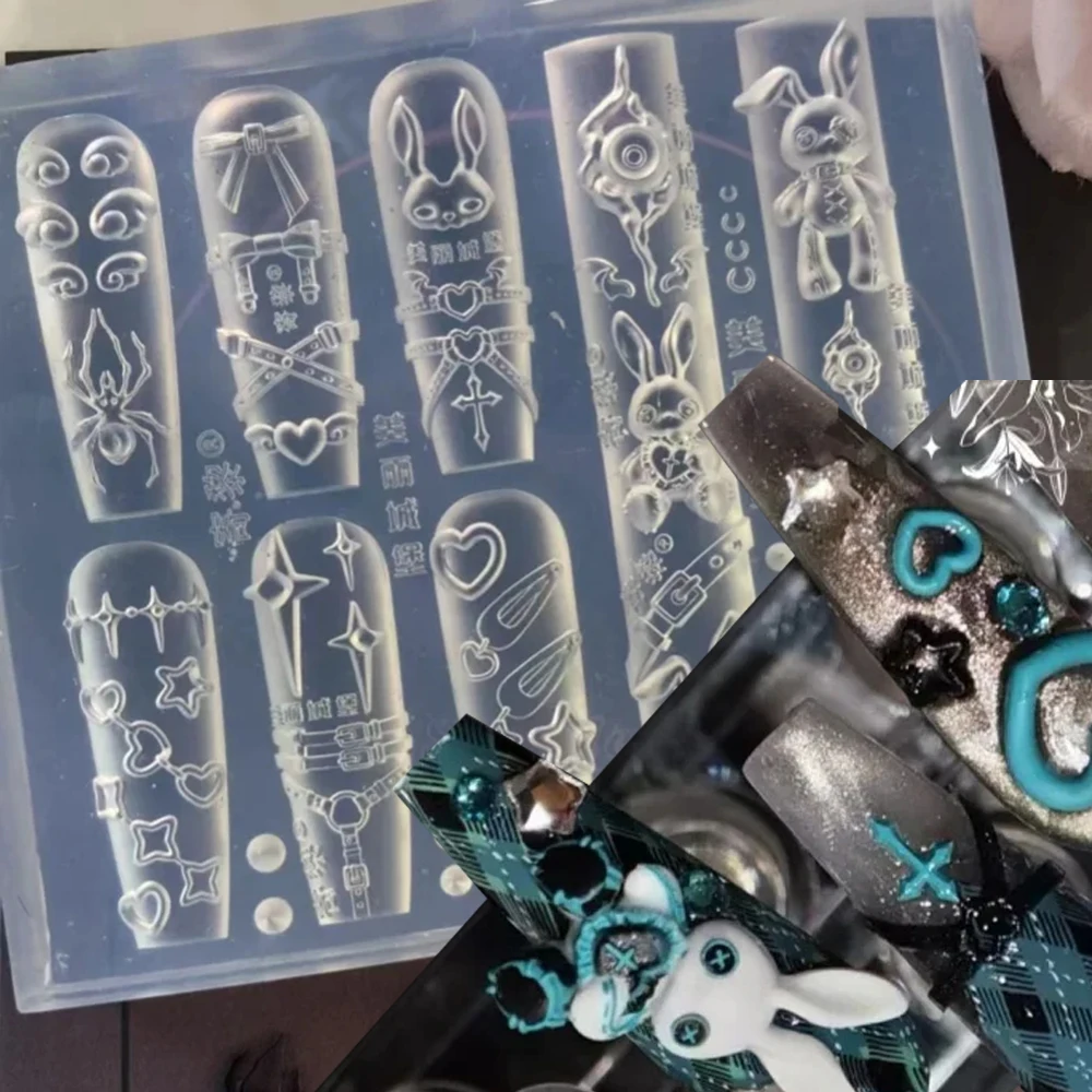 3D 토끼 펑크 스윗 네일 몰드 재미있는 리본 하트 귀여운 매니큐어 몰드 DIY 참 장 투명 도구 홈 Y2K 네일 데코레이션