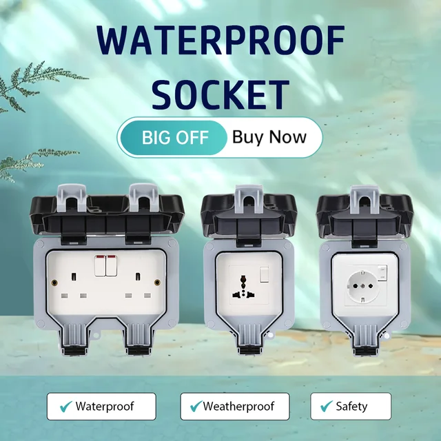 เต้ารับติดผนังกลางแจ้งกันน้ำมาตรฐาน IP66 ของสหราชอาณาจักร พร้อมสวิตช์ สำหรับบ้านและสวน รองรับปลั๊กขนาดใหญ่ แบบสองช่อง 1