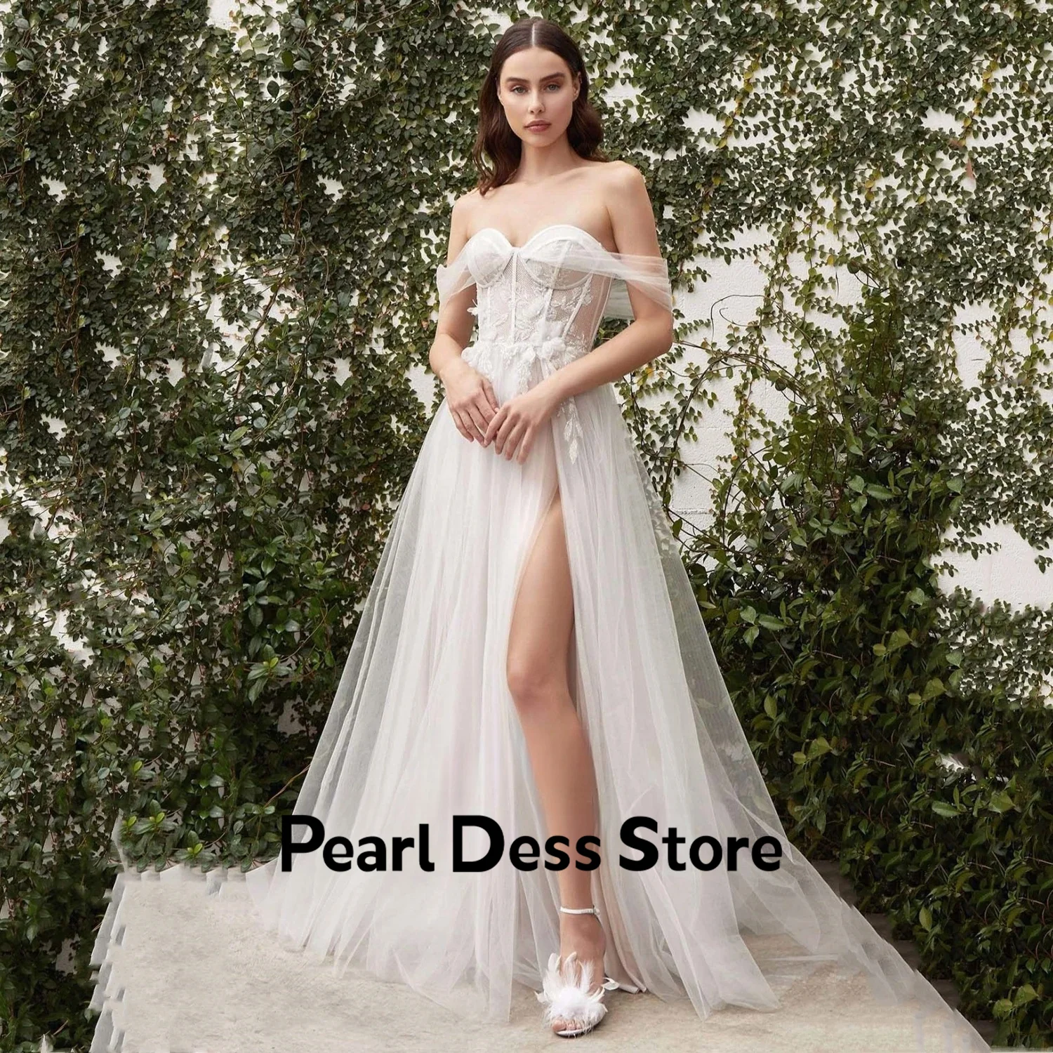 

Элегантное свадебное платье 2024 вечернее платье с высоким разрезом с открытыми плечами официальное женское платье с круглым вырезом