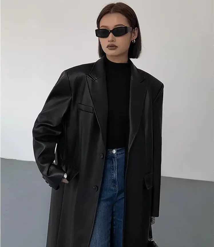 Women Leather Long Jacket Trench Oversized Faux Leather Blazer Button Down Lapel Coat with Pockets Down Shirts/Coats Work Office