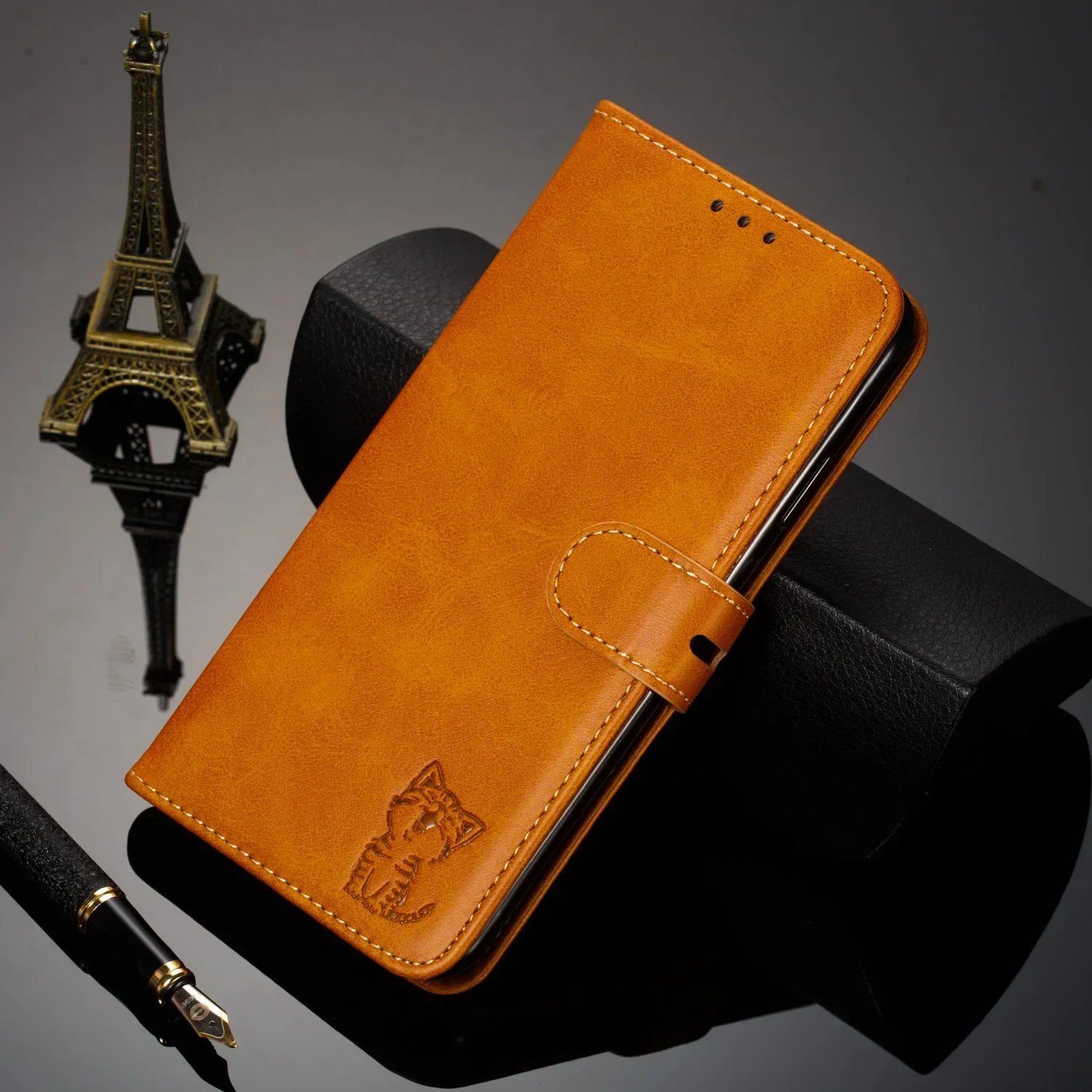 Cat-Themed Leather Flip Wallet Case with Book Stand and Card Slots