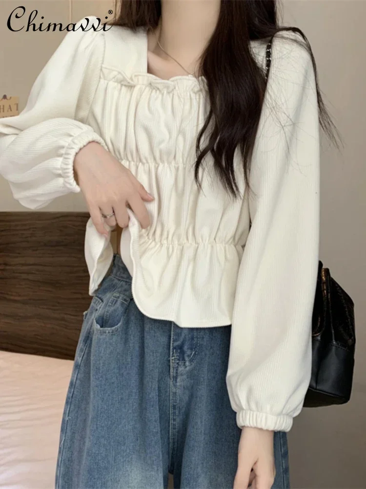 inman women blouse 2023 summer puff sleeve design hollow lace embroidered square collar loose shirts casual apricot blue tops Fashion Korean Style Solid Color Long Sleeve Square Collar Women's Blouse 2023 Autumn French Style Puff Sleeve Slim Fit Shirts