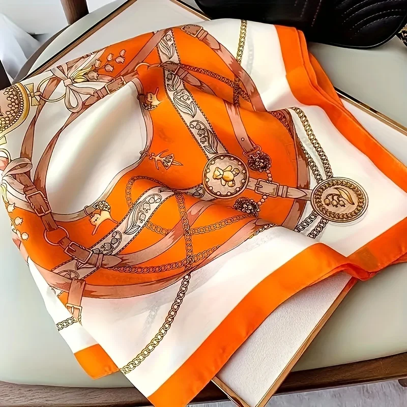 27.5" Chain Printed Square Scarf Elegant Thin Breathable Decorative Neck Scarf Orange Windproof Headscarf For Women 3