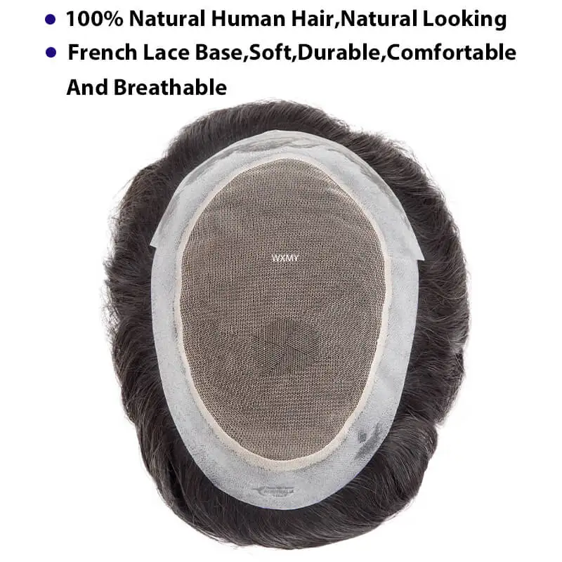 Australia French Lace & Skin Base Male Hair Prosthesis 6" Natural Human Hair Toupee Men's Wig Breathable Hair Replacement System 5