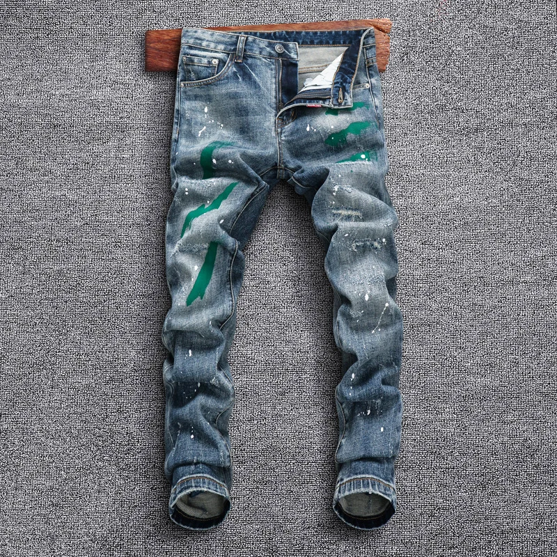 Street Fashion Men Jeans Retro Blue Elastic Slim Ripped Jeans Men Stretch Trousers Painted Designer Hip Hop Denim Pants Hombre