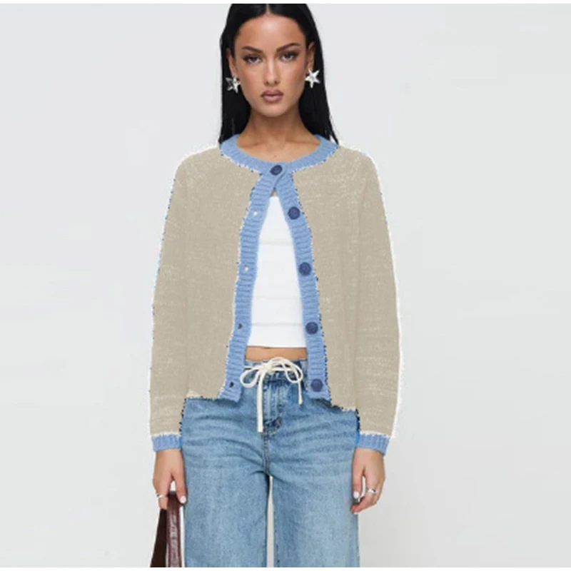 Casual Knitted Single-Breasted Cardigan Women Loose Contrast Color O-neck Pullover Sweaters Female Autumn Chic Street Tops