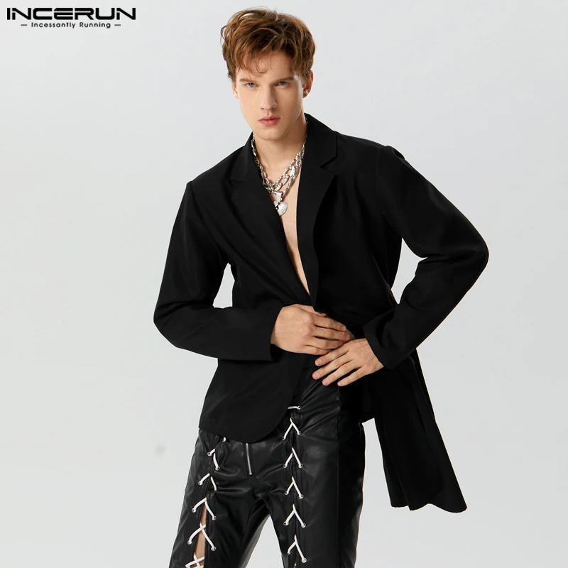 

Топы INCERUN 2023, новый мужской блейзер в американском стиле с асимметричным подолом в стиле пэчворк, повседневный уличный однотонный Универсальный костюм, пальто