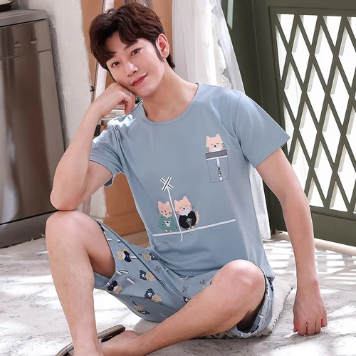 남성용 플러스 사이즈 L-3XL 코튼 홈웨어, 수면 상의, 반바지, 2 피스 세트, 남성 잠옷, 만화 야간 의류, 드롭 배송 5