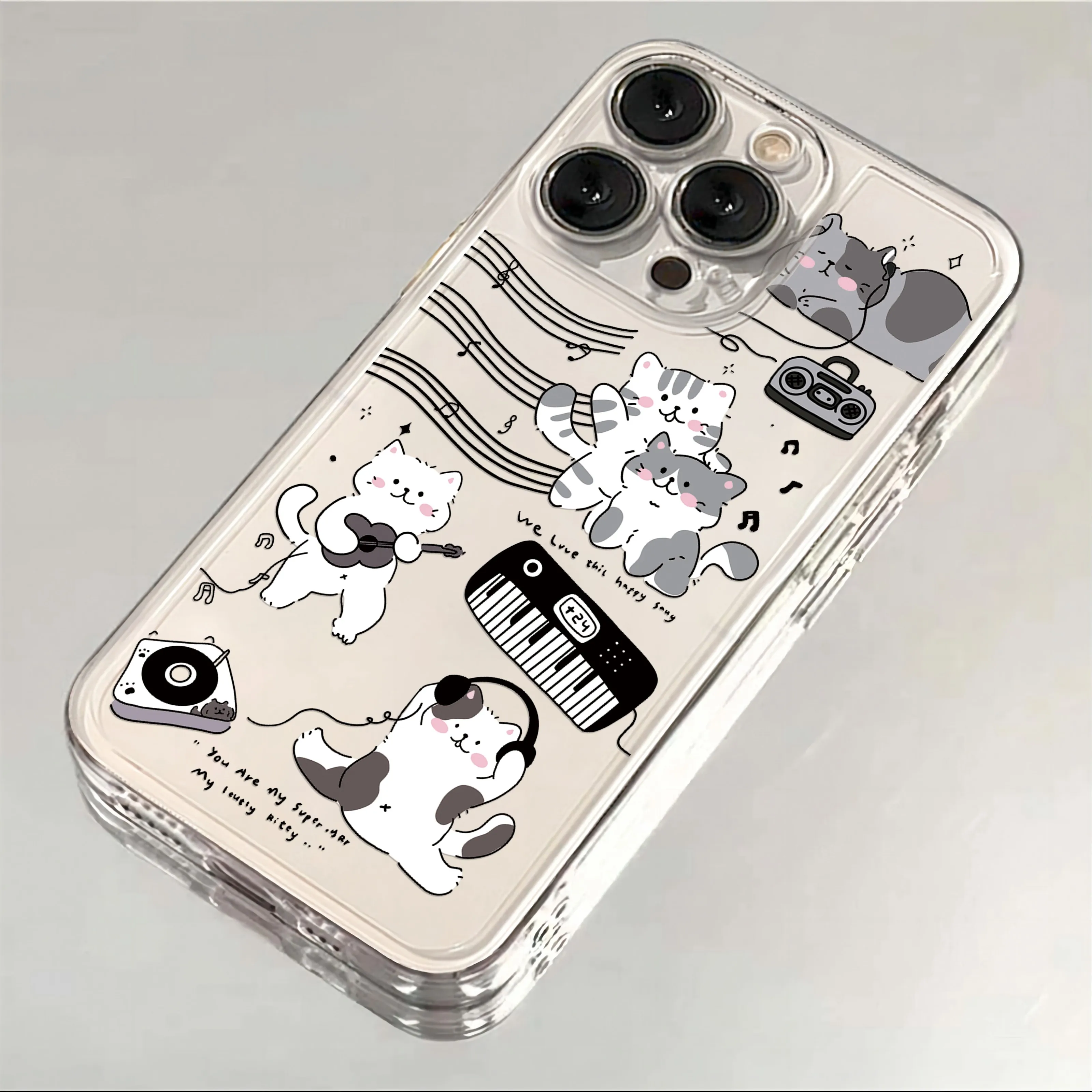 Luxurious Clear Black Guitar Cat Phone Case