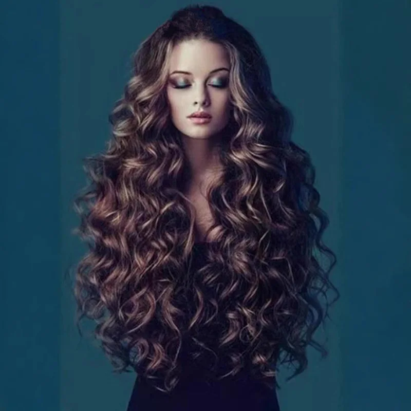 Brown Long Curl Wig Women's Synthetic Fluffy Cos Big Wave Rose Net Hair Extension High Temperature Silk Hair Extension
