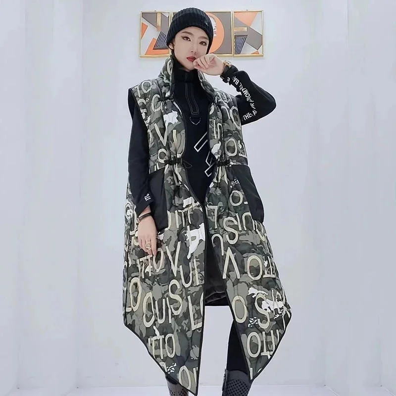 

Spring Print Pattern Vest Women Fashion Pocket Goddess Fan Single Breast 2024 Autumn Letter Sleeveless Minority
