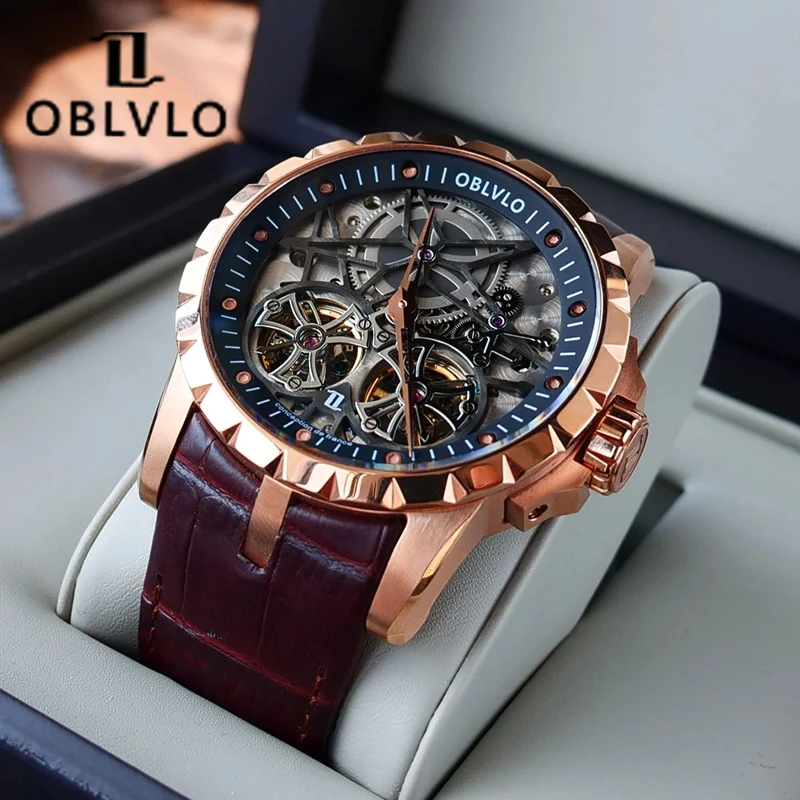 OBLVLO Luxury Mens Automatic Mechanical Watches Rose Gold Skeleton