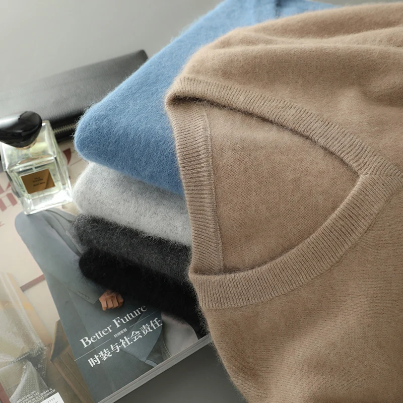 Winter New Long Sleeve High-End Jumpers Tops 100% Pure Mink Cashmere Sweater Men's V-Neck Pullovers Knit Large Size Mink Sweater 5