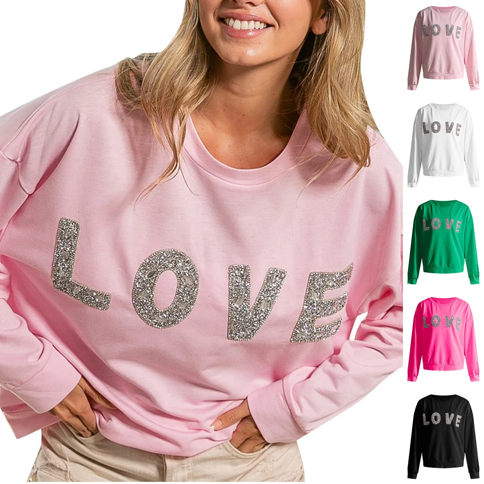 

Fitness Sweater Women Round Neck Pullover Rhinestone LOVE Letter Sweater Teen Tops School Womens Winter Tunic