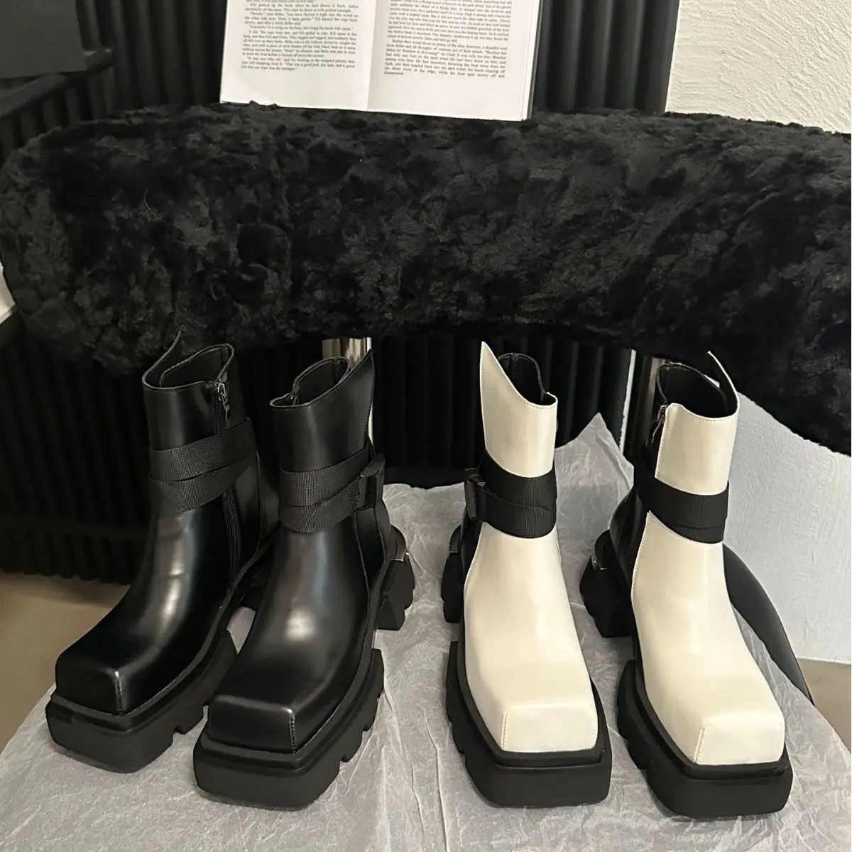 Genuine Leather Thick Heels High Heels Thick Soles Martin Boots Female Niche Design Square Toe Ins Work Clothes Short Boots