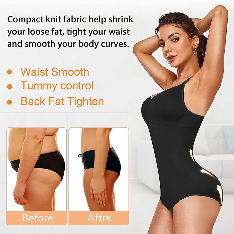 Full Body Shaper One Piece Women V Neck Spaghetti Strap Bodysuit Tummy Control Seamless Shapewear Built-In Bra Jumpsuit Tops