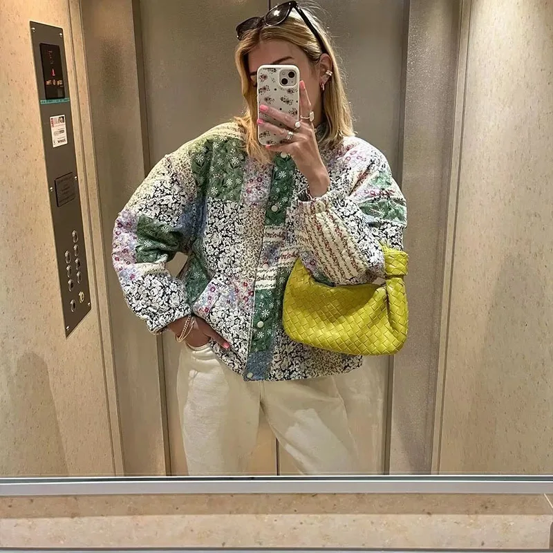 

Winter Floral Print Round Neck Long-Sleeved Single-Breasted Short Cotton Jacket Coat 2023 New Casual Warm Outwear Tops