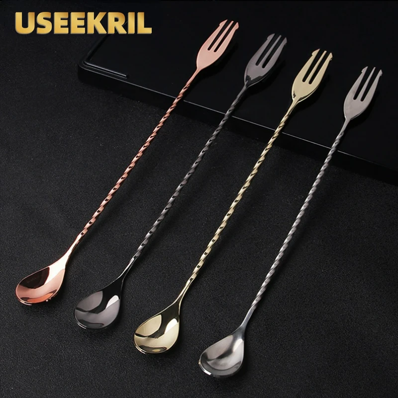 30 40 50cm Bar Spoon With Fork Tip Stainless Steel Mixing Spiral Pattern Cocktail Twisted Mixing Cocktail Spoon Bartender Tools