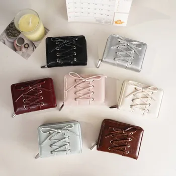 Korean Style Bow PU Leather Card Holder Travel Coin Purse Simple Wallet Ultra Thin Short Clutch Card Bag Multi-function Zipper 1