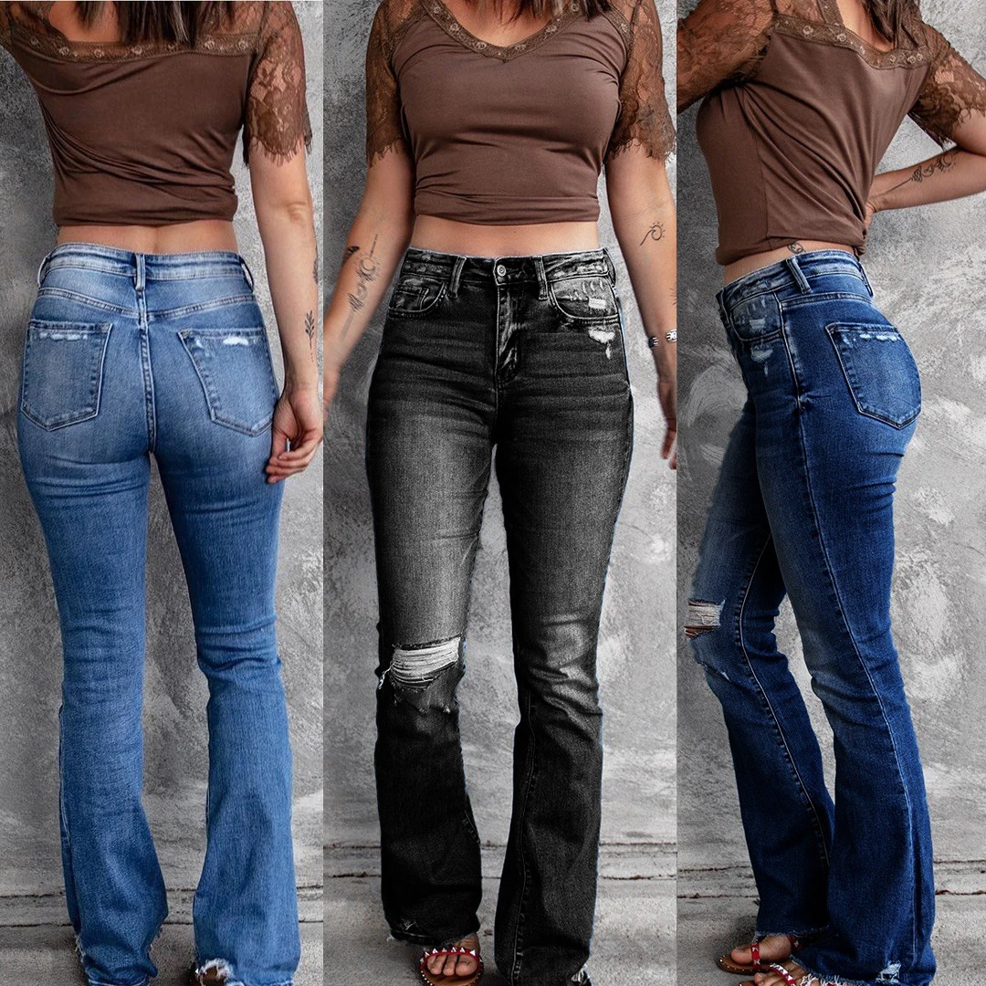 2022 Spring Women's Ripped High Waist Retro Stretchy Slim Fit Bootcut Jeans  Mom Jeans Pants Denim Joggers Women - Jeans - AliExpress