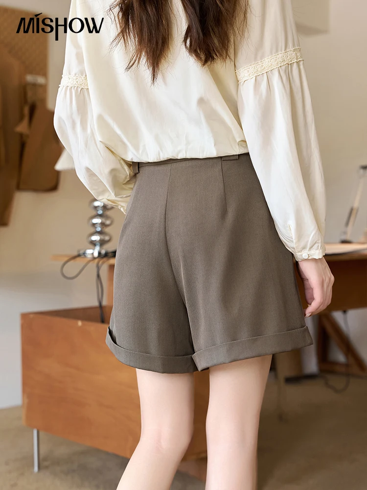 MISHOW Women's Suit Shorts Autumn 2023 High Waist Curly Hem Button Pockets Solid Casual Wide Leg A-line Short Pants MXC42K0440