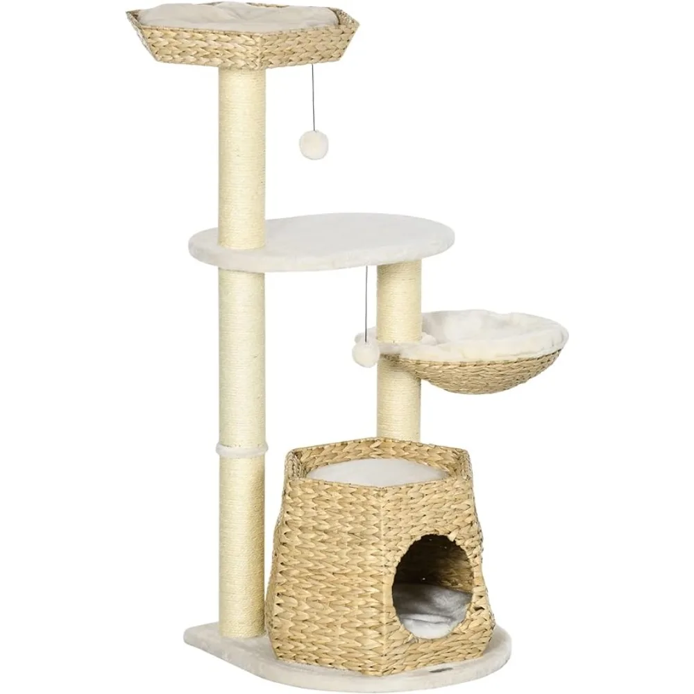 

Cat Climbing Toy with Cattail Fluff, Bed, Condo, Sisal Scratching Post, and Hanging Ball, 47" Cat Tree Kitty Activity Center