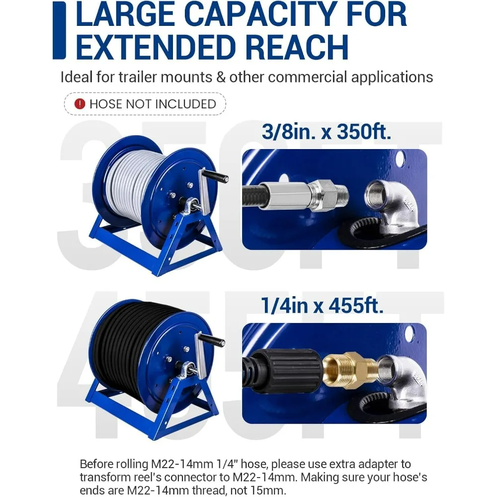 MekoH 3/8 Inch x 350 Feet Pressure Washer Hose Reel, 5000 PSI Hand Crank for 1/4 Inch x 455 Feet, Heavy Duty Steel Construction