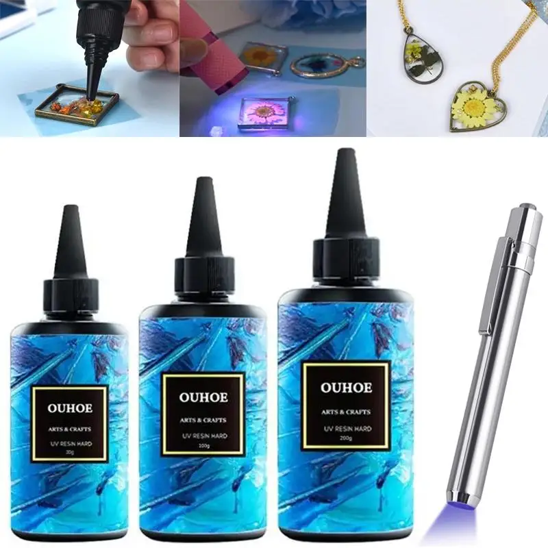 Saf53e9f53a1441e383bd11b262faadcal 30/100/200g UV Epoxy Resin Hard Glue Ultraviolet Curing For DIY Jewelry Making Quick Drying High Hardness Glue And UV Lamp