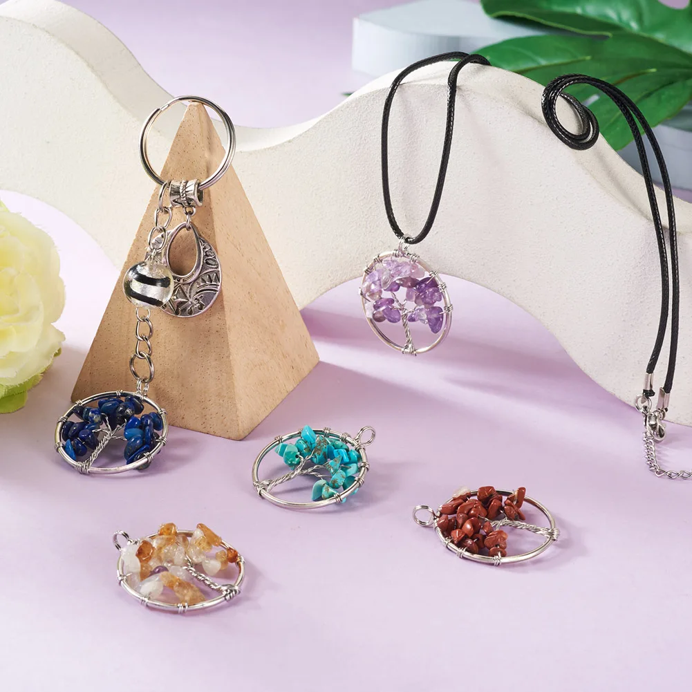 10pcs Natural & Synthetic Gemstone Chakra Crystal Tree Charms Mixed Color Necklace Earring Pendant DIY Jewelry Handcraft Making