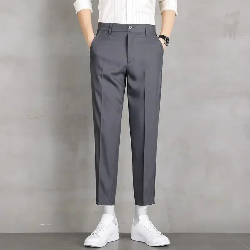 thumbnail image 1 of Pantalones elásticos elásticos de 9 pulgadas para hombre, pantalones de trabajo azules para hombre, pantalones rectos de oficina, moda de licra, verano 2024, para hombre chino, 1 of 5