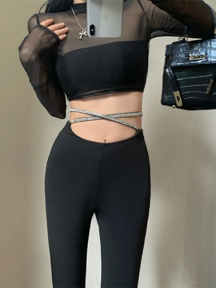 Fashionable High Waisted Slim Flared Pants For Women's Spring 2024 New Spicy Girl Sexy Strap Cross Casual Suit Pants women punk fun harness belts adjustable body strap fashion sexy girl performance leather cross waist belt cosplay accessories