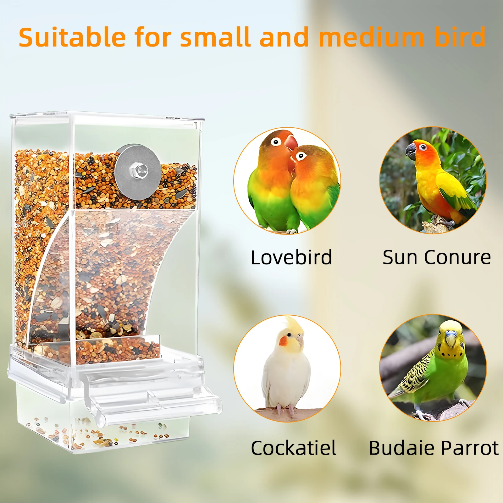 Wolinpet No Mess Automatic Bird Feeder Transparent Food Container Cage Acrylic Parrot Feeder Accessories for Small Birds Parrot