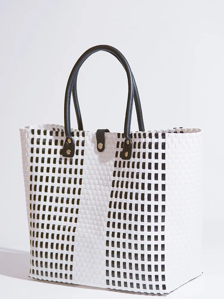 JNMC Splicing Contrasting Color Women's Buckle Woven Vegetable Basket Shopping Bag