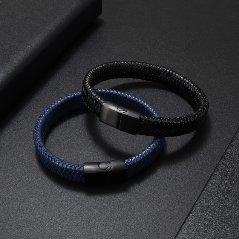 Leather Braided Bracelet Single Metal Magnetic Clasp Mens Unisex Charm Party Jewelry Gift