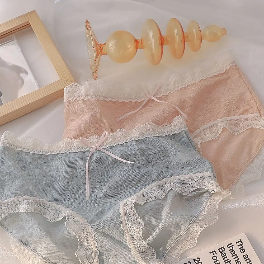 

Elegant Breathable Transparent Mesh For Girls Mid Waist Women Lace Panties Bow Briefs Flower Korean Underwear
