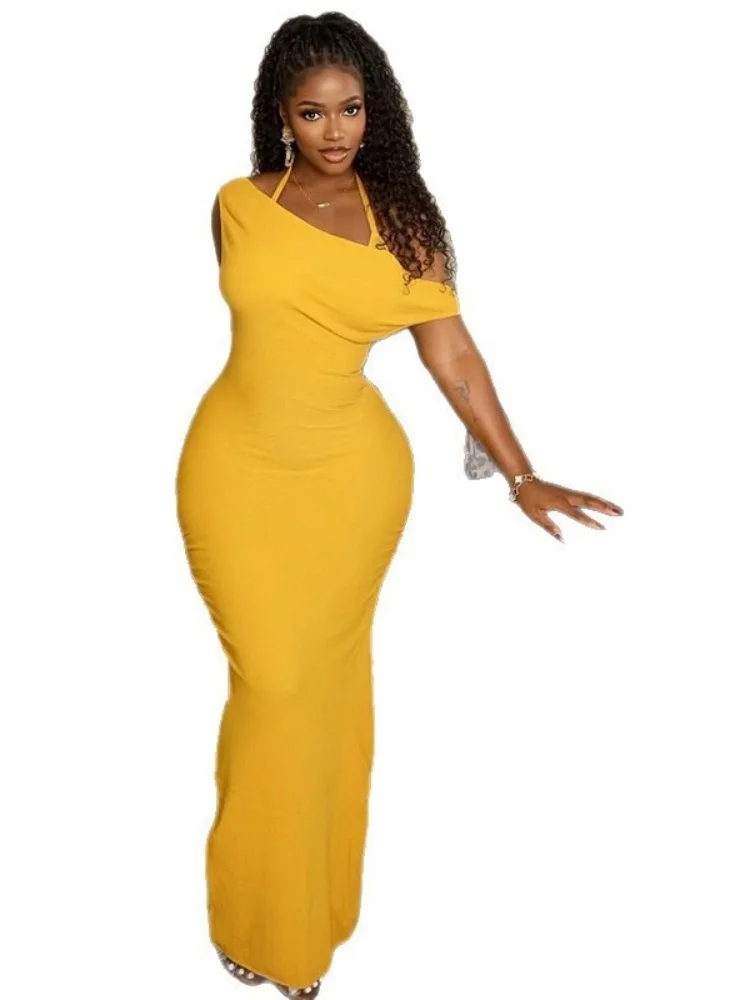 Wmstar Dress Whplesale Pleated Slimming Hip Hugging Off The Shoulder One Step Backless Slit Long Elegant Form Fitting Clothing