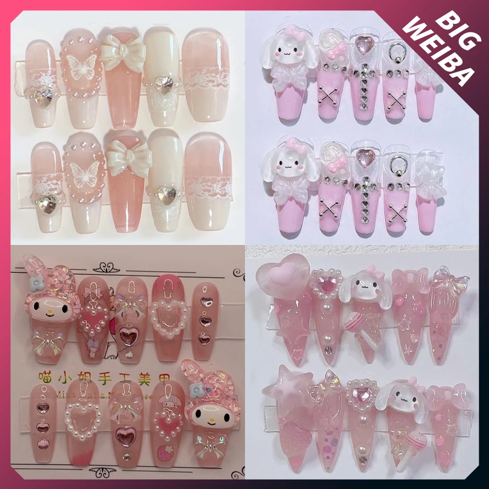 

Kawaii Hello Kitty Mymelody Cinnamoroll Fake Nails Rhinestone Detachable Long Coffin Stiletto Nails Full Cover Nail Tips Gift